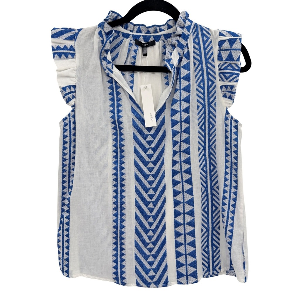DREW Flutter Sleeve‎ Blouse XS Color Block Split Neck White Blue Cotton Coastal